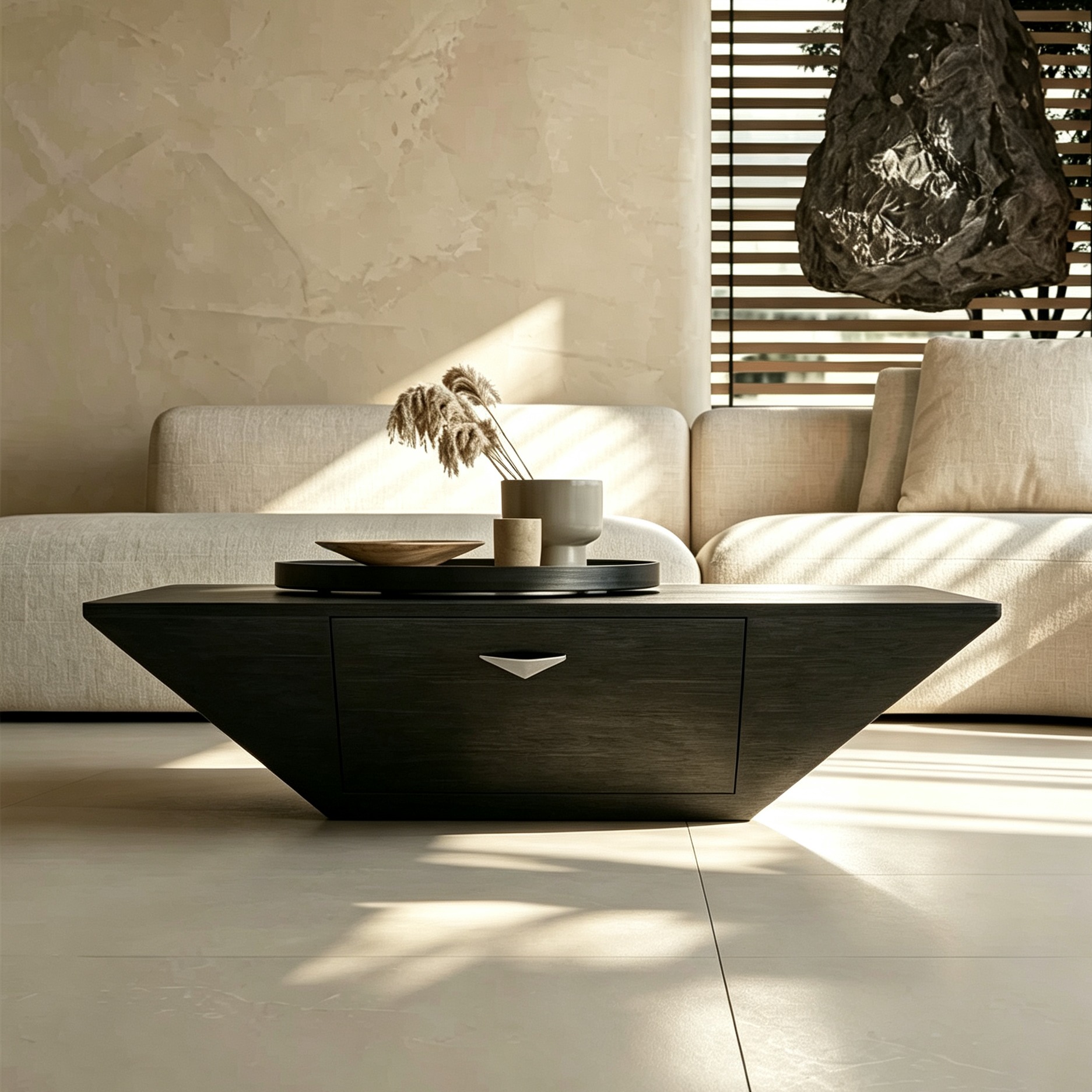 Minimalist Geometric Smoked Wood Coffee Table with Drawers