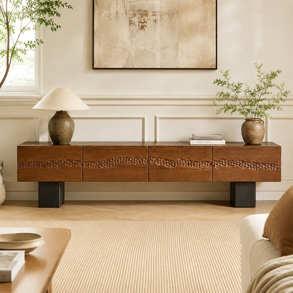 70.9" Organic Modern Solid Wood TV Stand with Storage