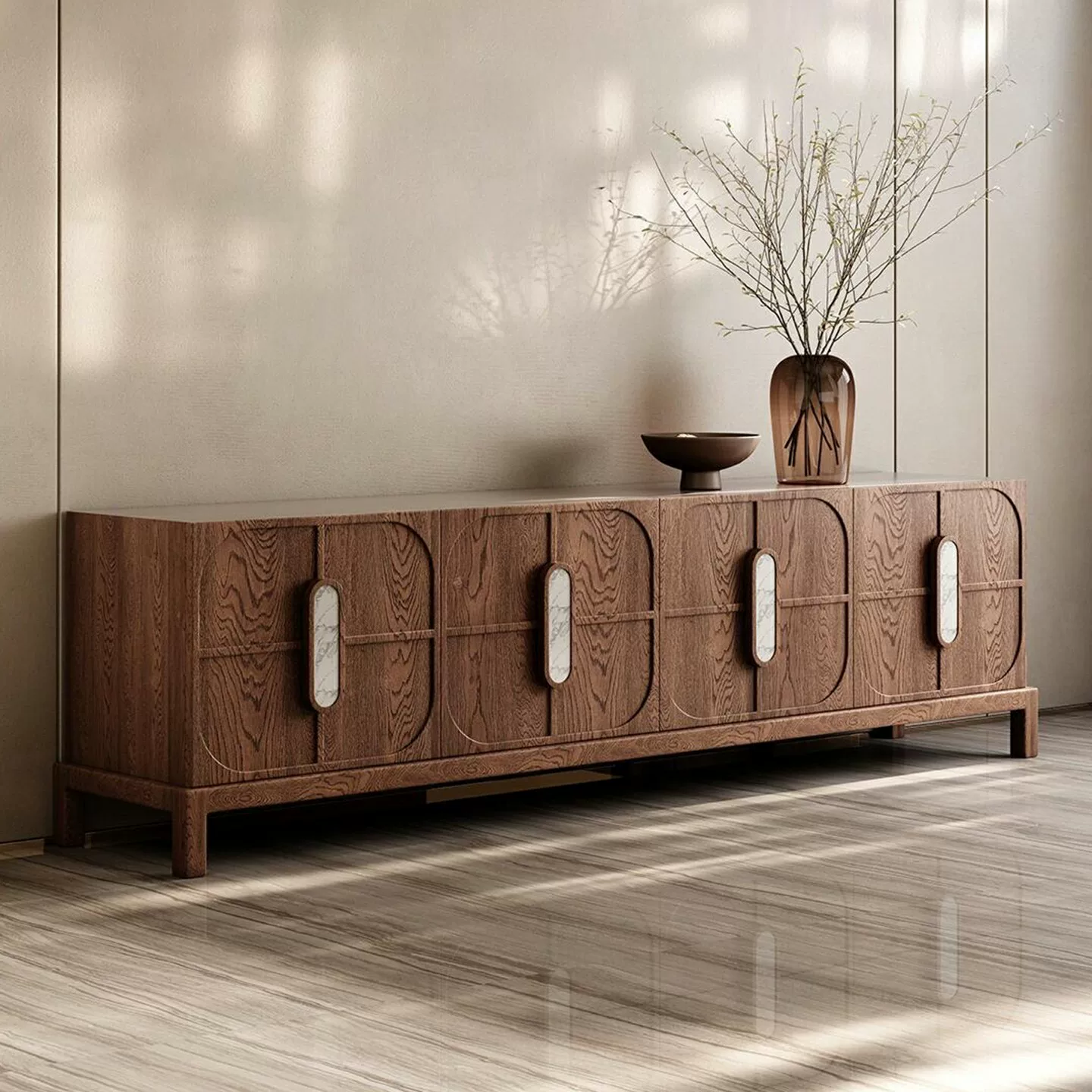 70.9" Japandi Solid Wood TV Stand with Cabinets