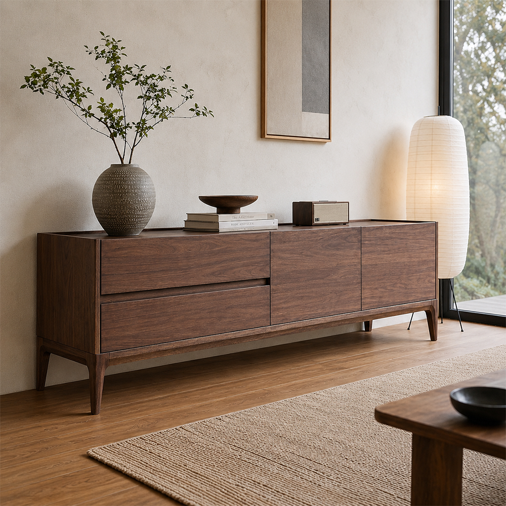 102.4" Mid-Century Modern Solid Wood TV Stand with Drawers