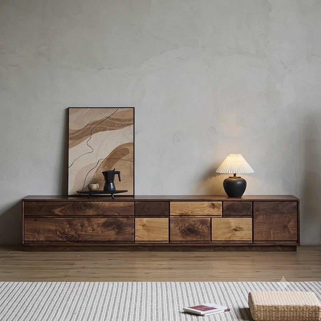 86.6" Japandi Solid Wood TV Stand with Storage