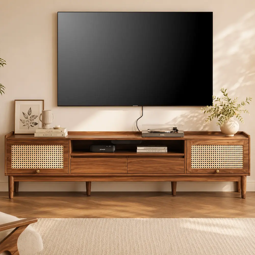 63" Mid-Century Modern Engineered Wood and Rattan TV Stand with Storage