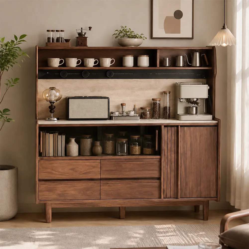 59.1" Japandi Sintered Stone and Solid Wood Coffee Cabinet with Drawers
