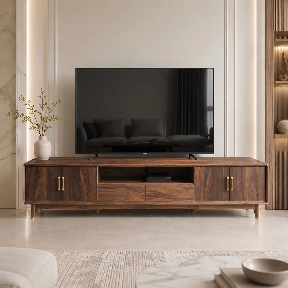 94.5" Mid-Century Modern Solid Wood TV Stand with Drawers