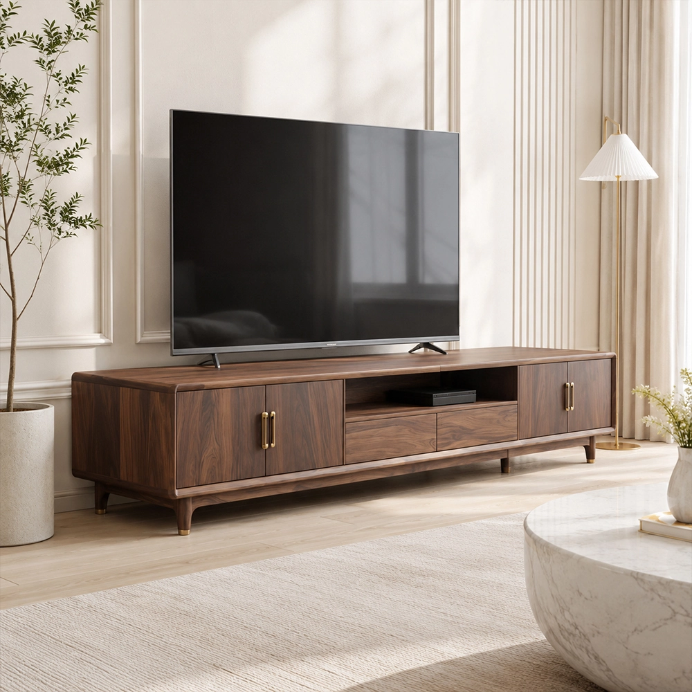 94.5" Mid-Century Modern Solid Wood TV Stand with Drawers