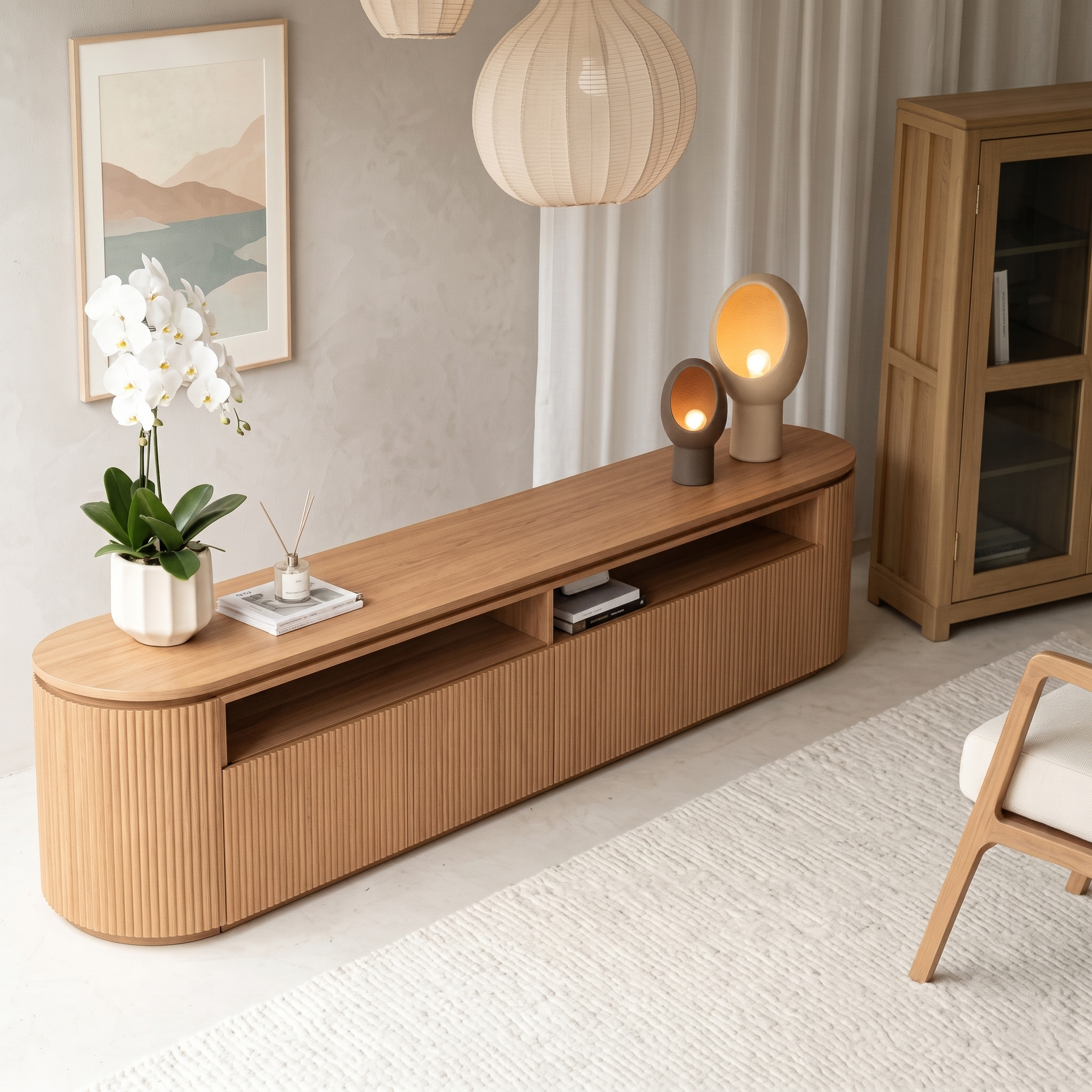 70.9" Japandi Solid Wood TV Stand with Storage
