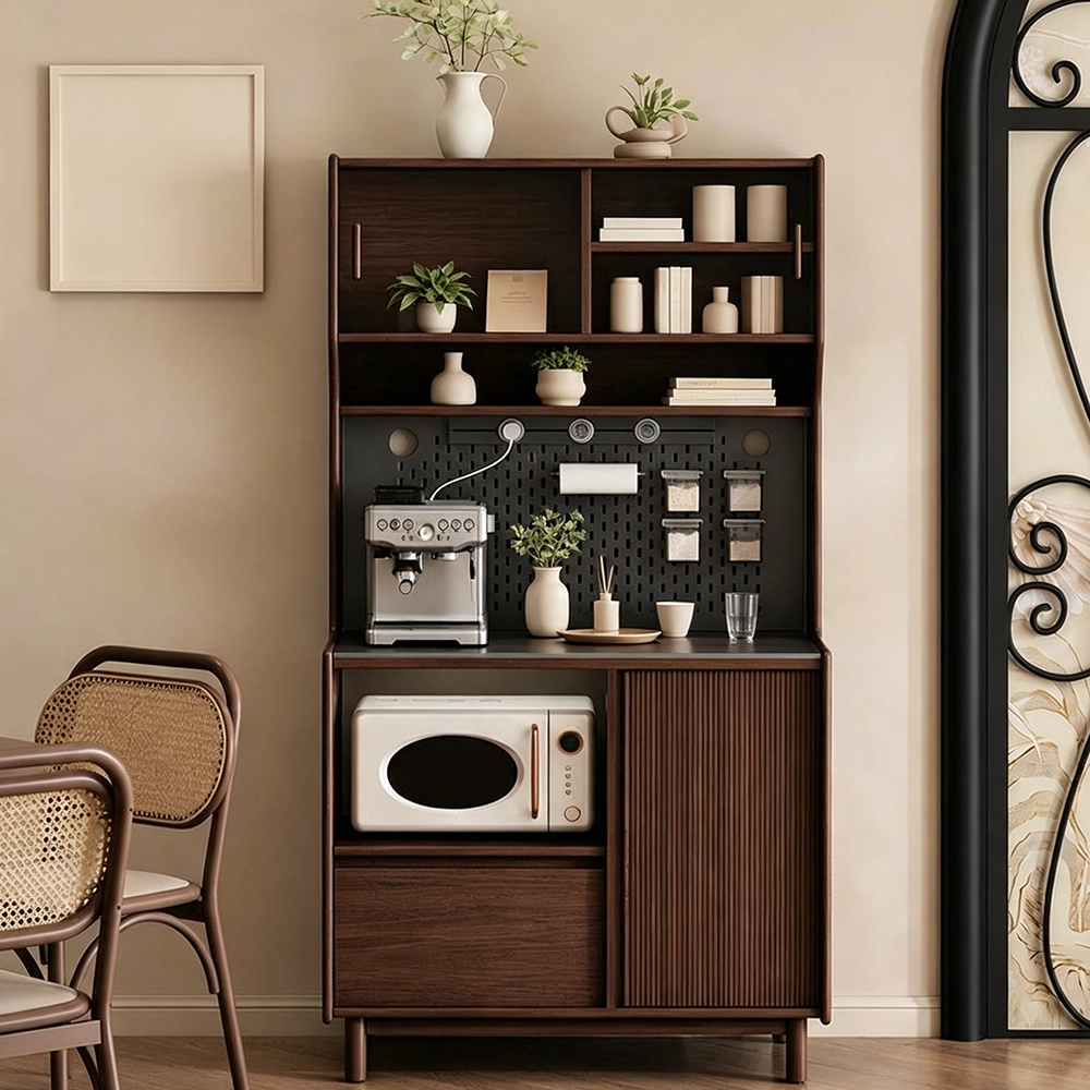 39.4" Japandi Solid Wood and Plywood Coffee Cabinet Open Shelf