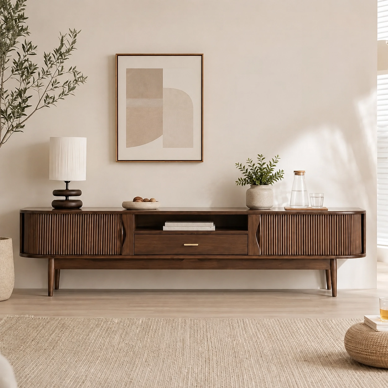 70.9" Mid-Century Modern Solid Wood TV Stand with Drawers