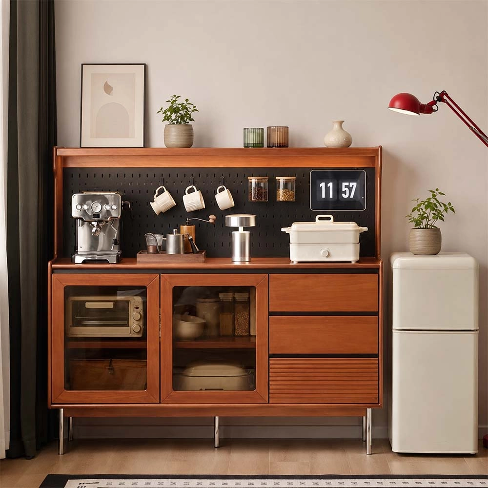 43.3" Japandi Solid Wood and Engineered Wood Coffee Cabinet with Drawers