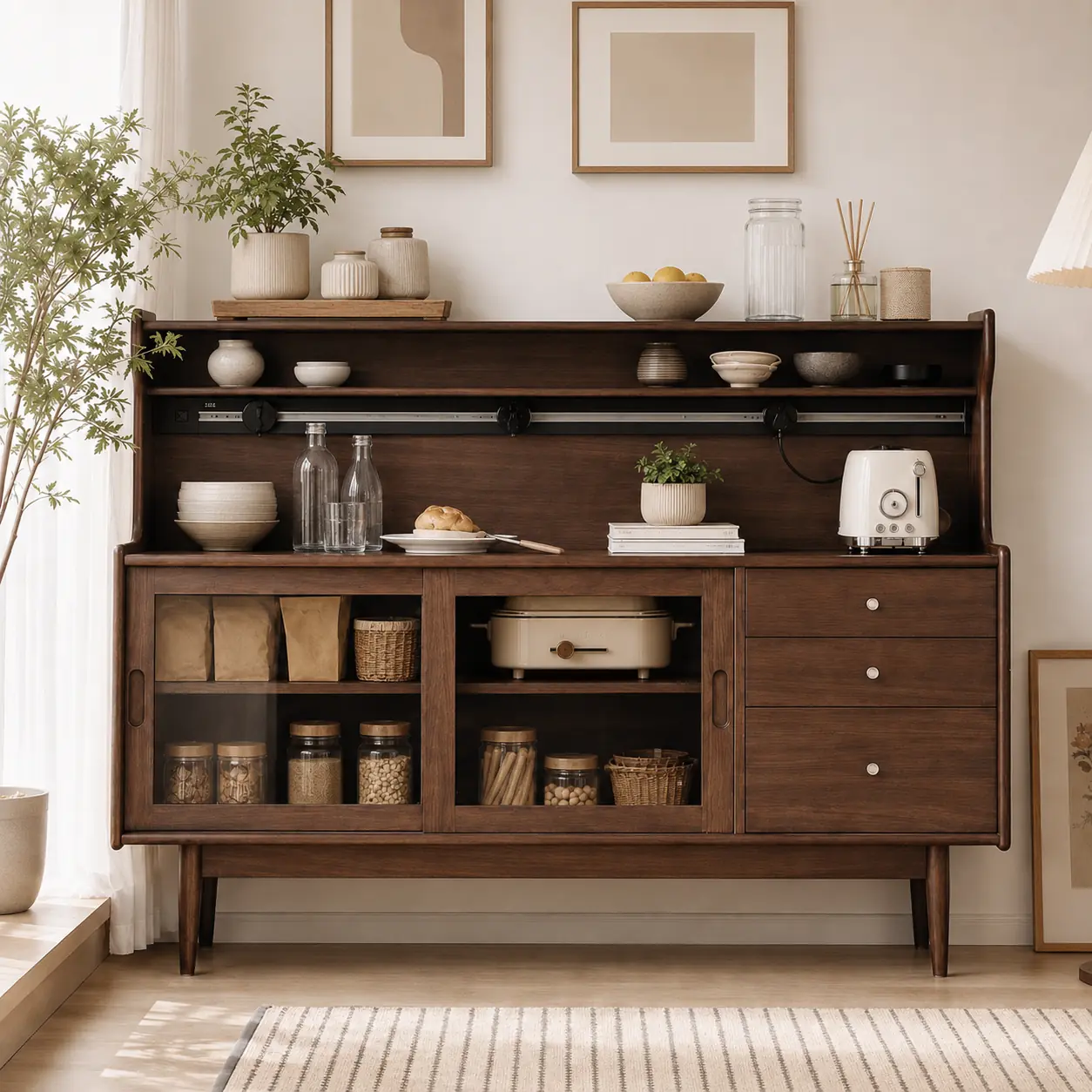 63" Mid-Century Modern Solid Wood and Plywood Coffee Cabinet with Drawers