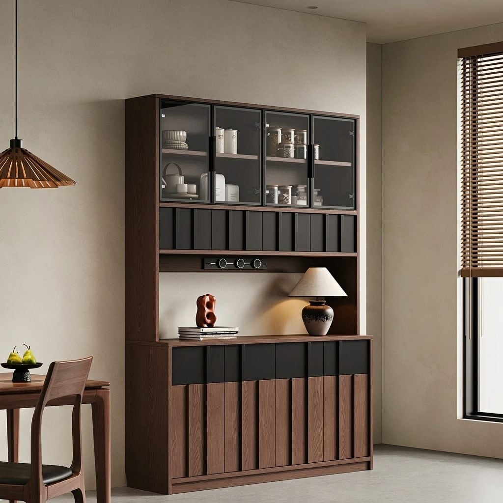 63" Japandi Engineered Wood and Glass Coffee Cabinet Glass Door