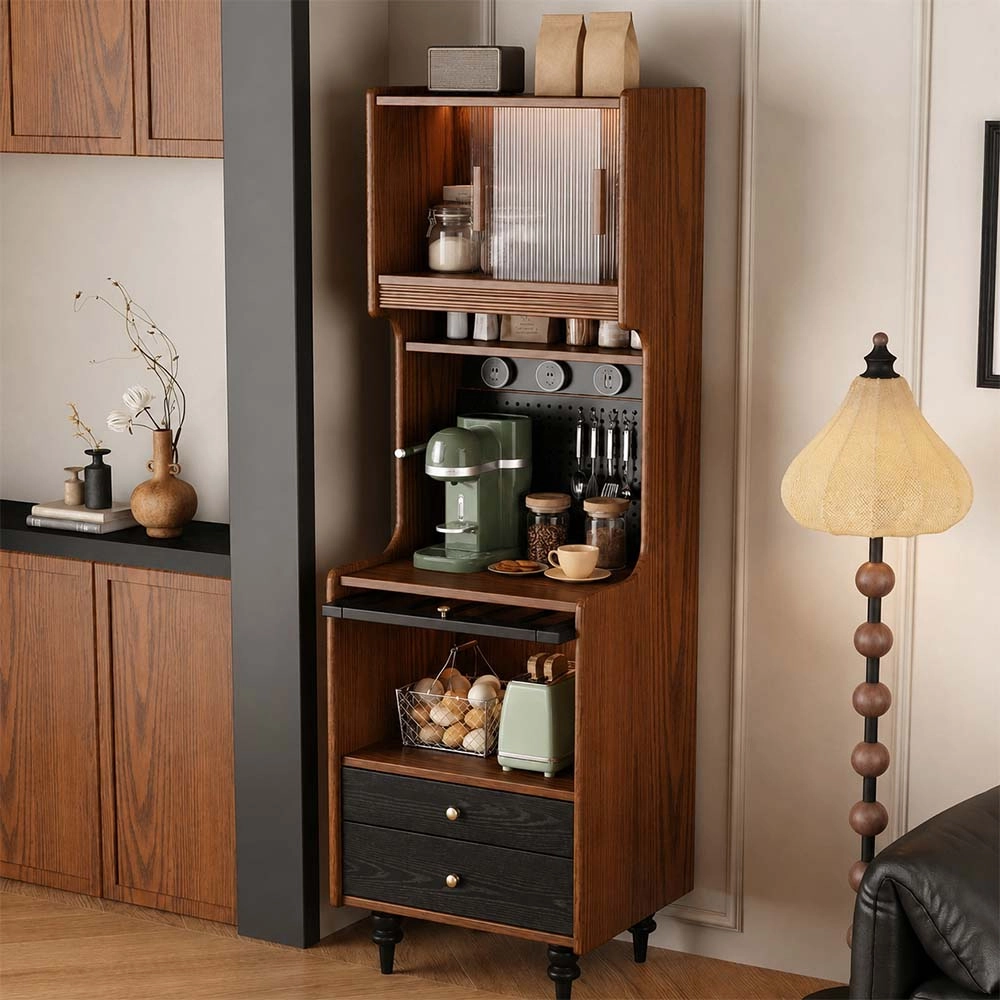 23.6" Japandi Solid Wood and Glass Coffee Cabinet with Drawers