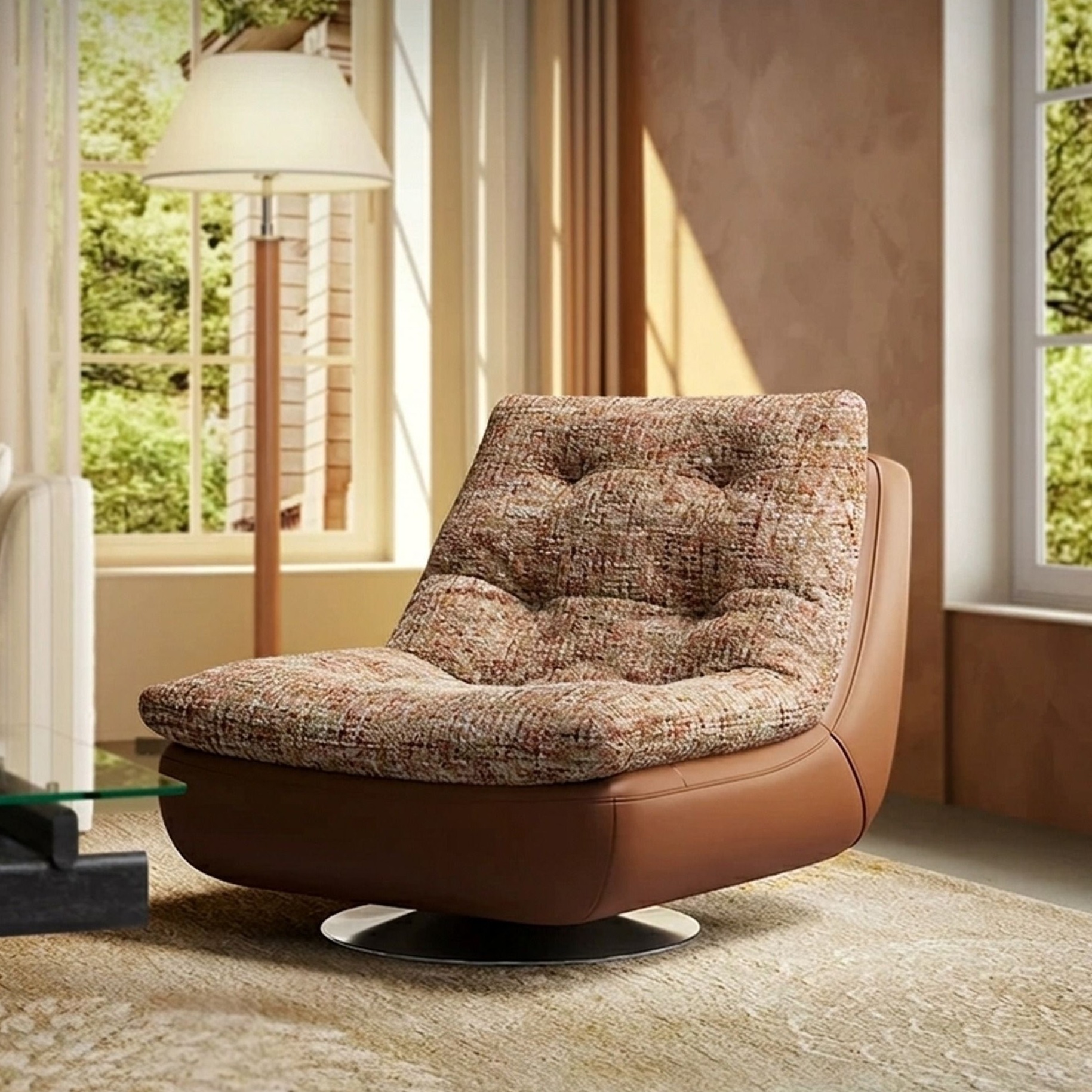 39.4" Organic Modern Leather&Fabric Curved Sofa