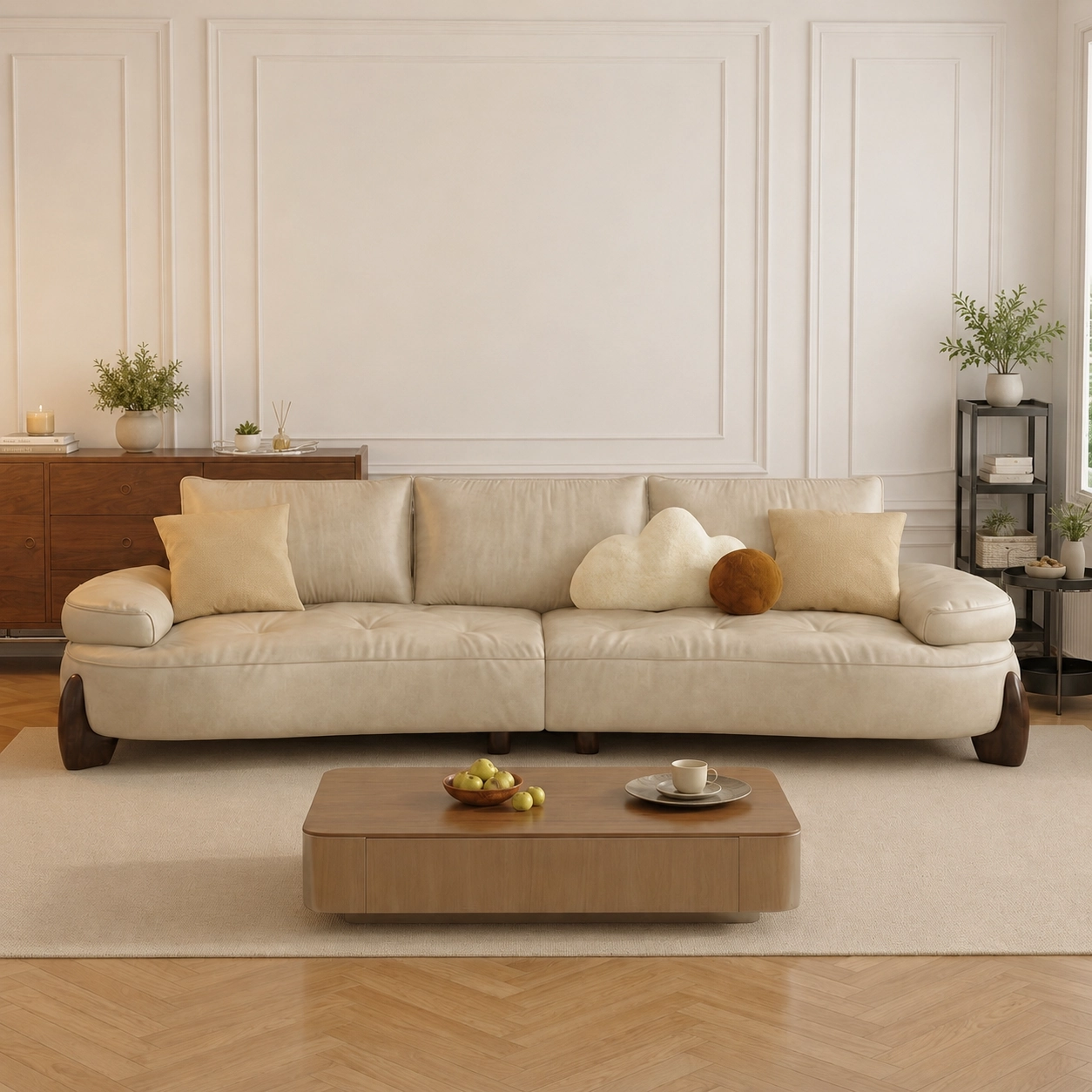 Creamy Curved Leather Sofa