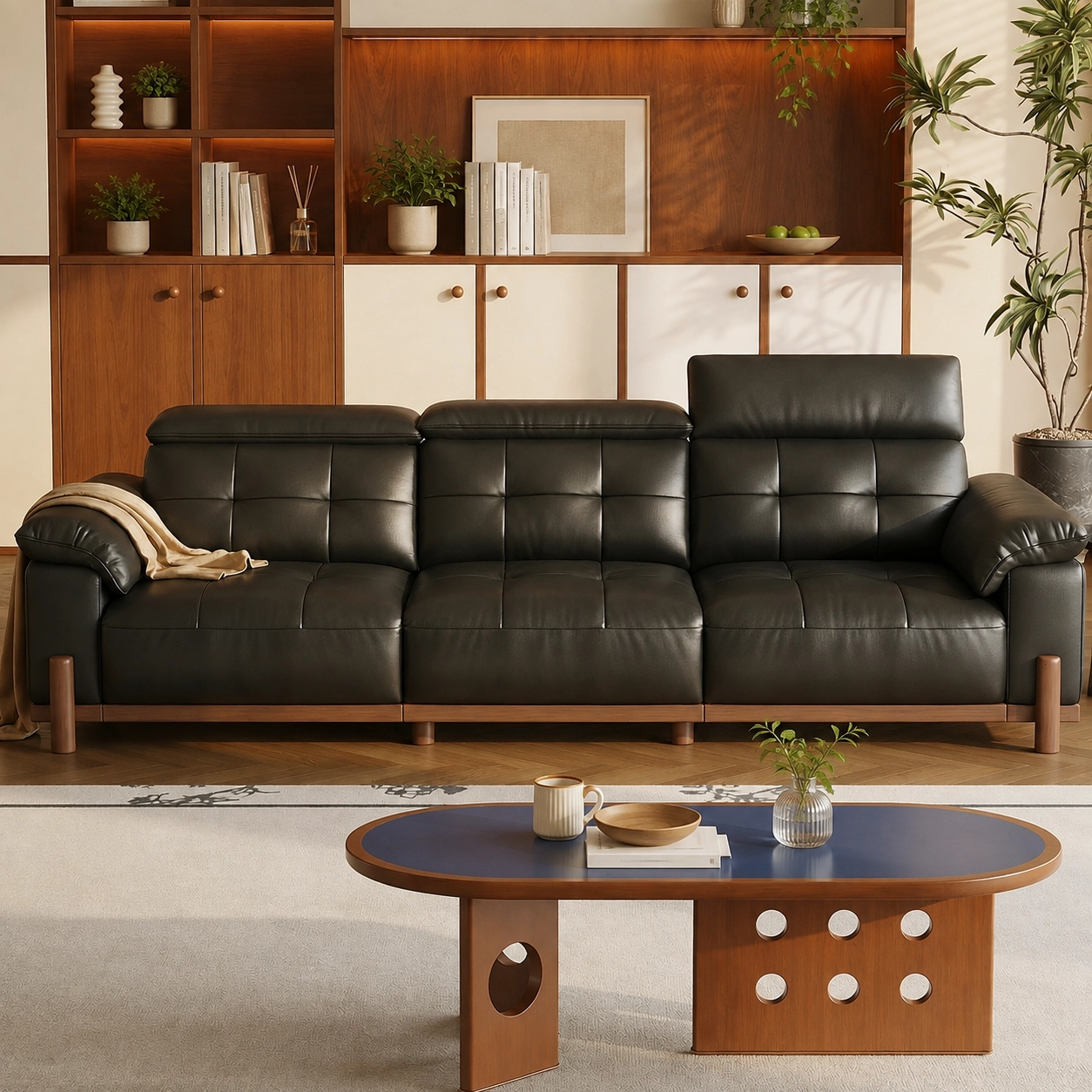 78" Mid-Century Modern Leather Tufted Sofa