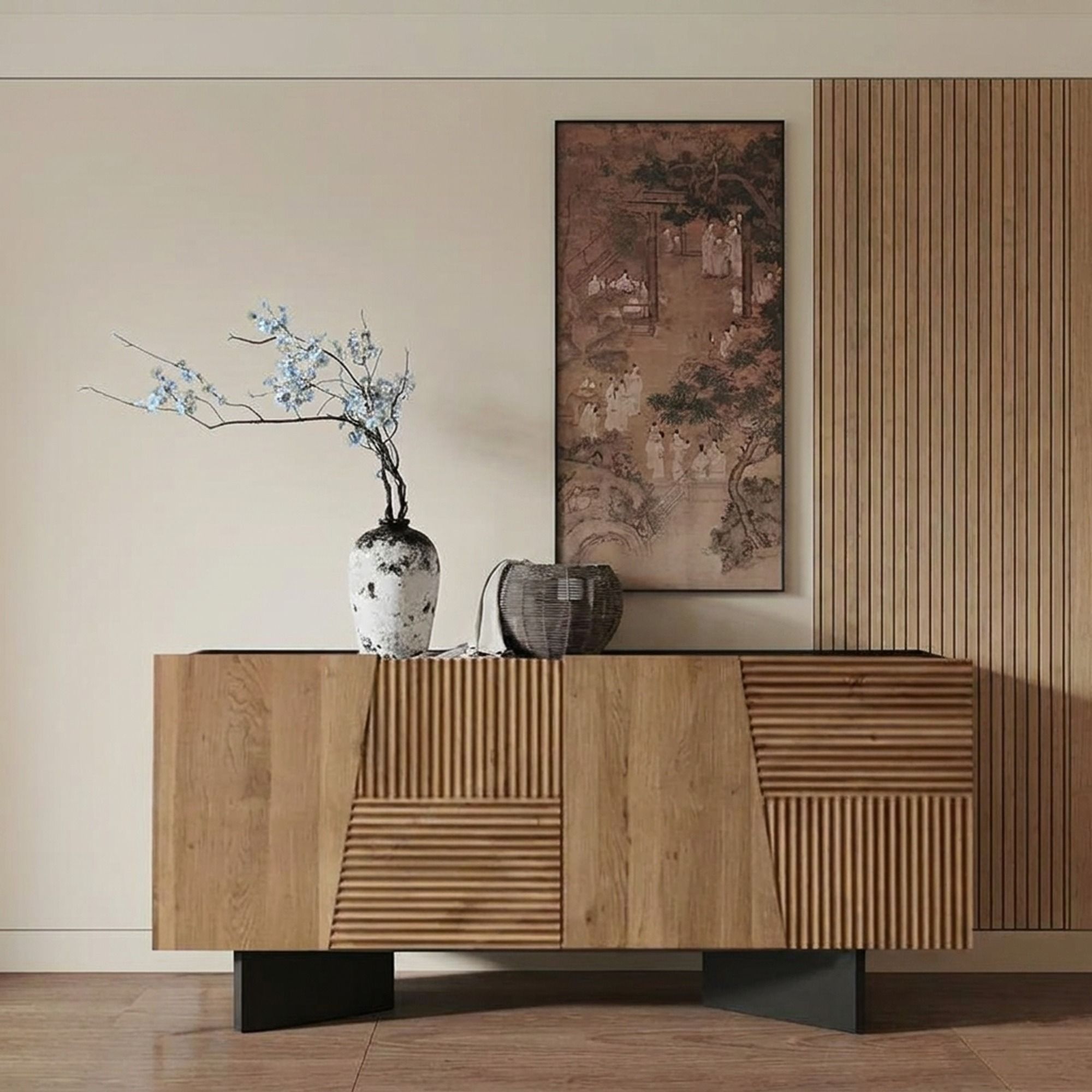 63" Japandi Solid Wood and Plywood Sideboard with Storage