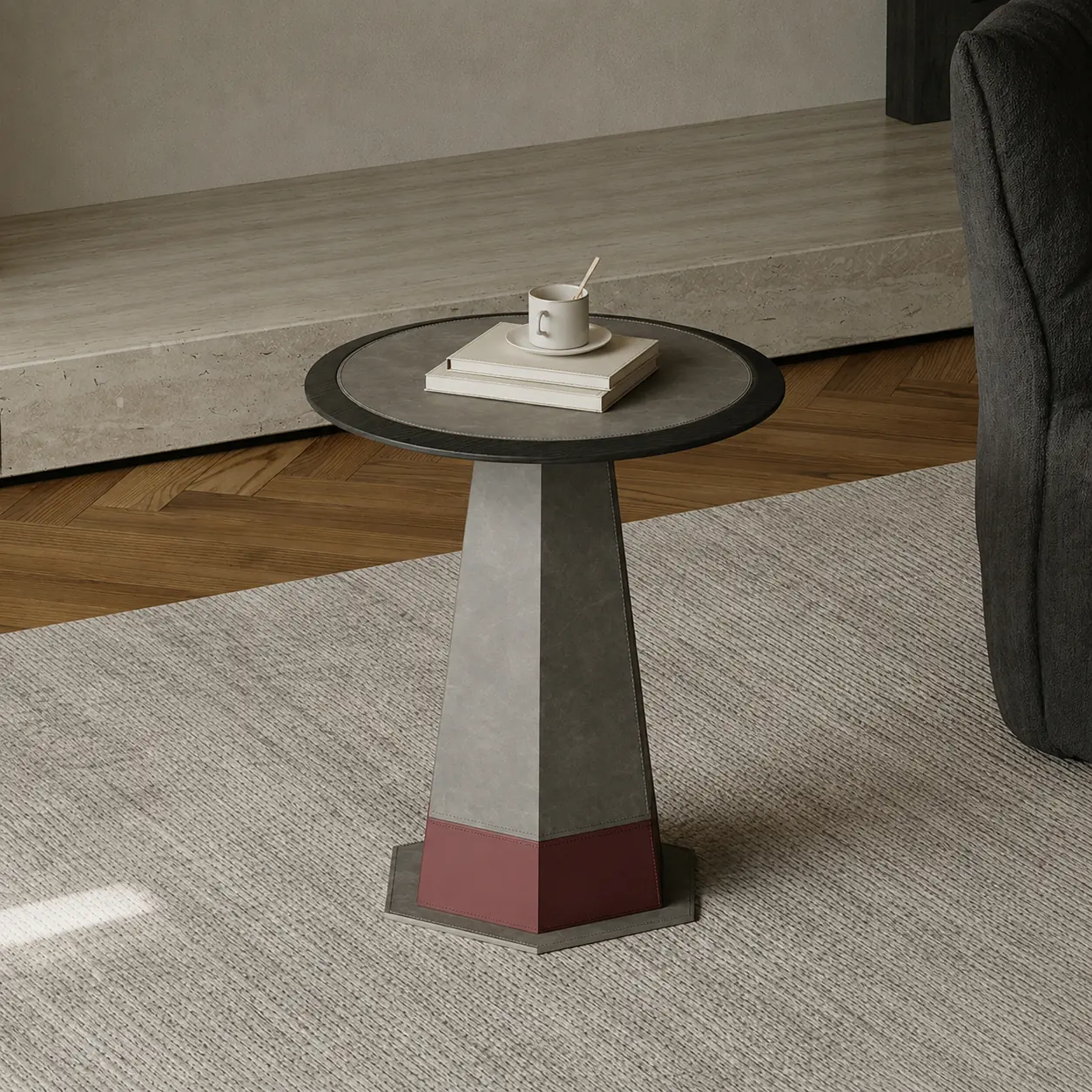 17.7" Luxury Saddle leather Round Side Table