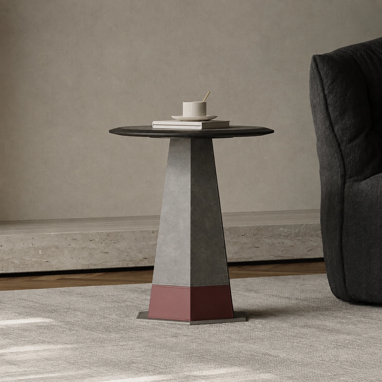 17.7" Luxury Saddle leather Round Side Table