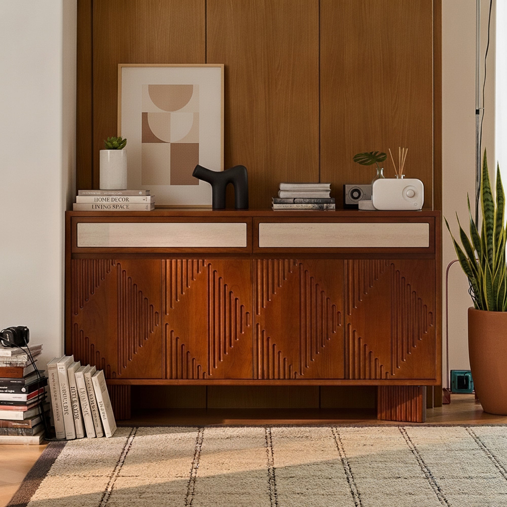 55.1" Art Deco Solid Wood Sideboard with Storage