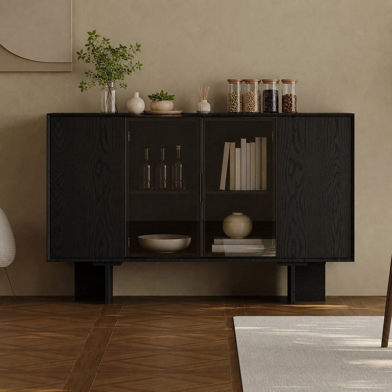 59.1" Modern Solid Wood and Plywood Sideboard with Storage