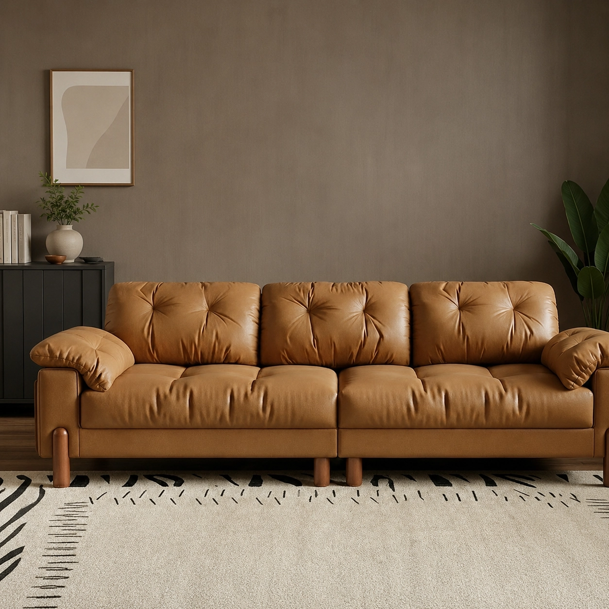 118.1" Mid-Century Modern Leather Tufted Sofa