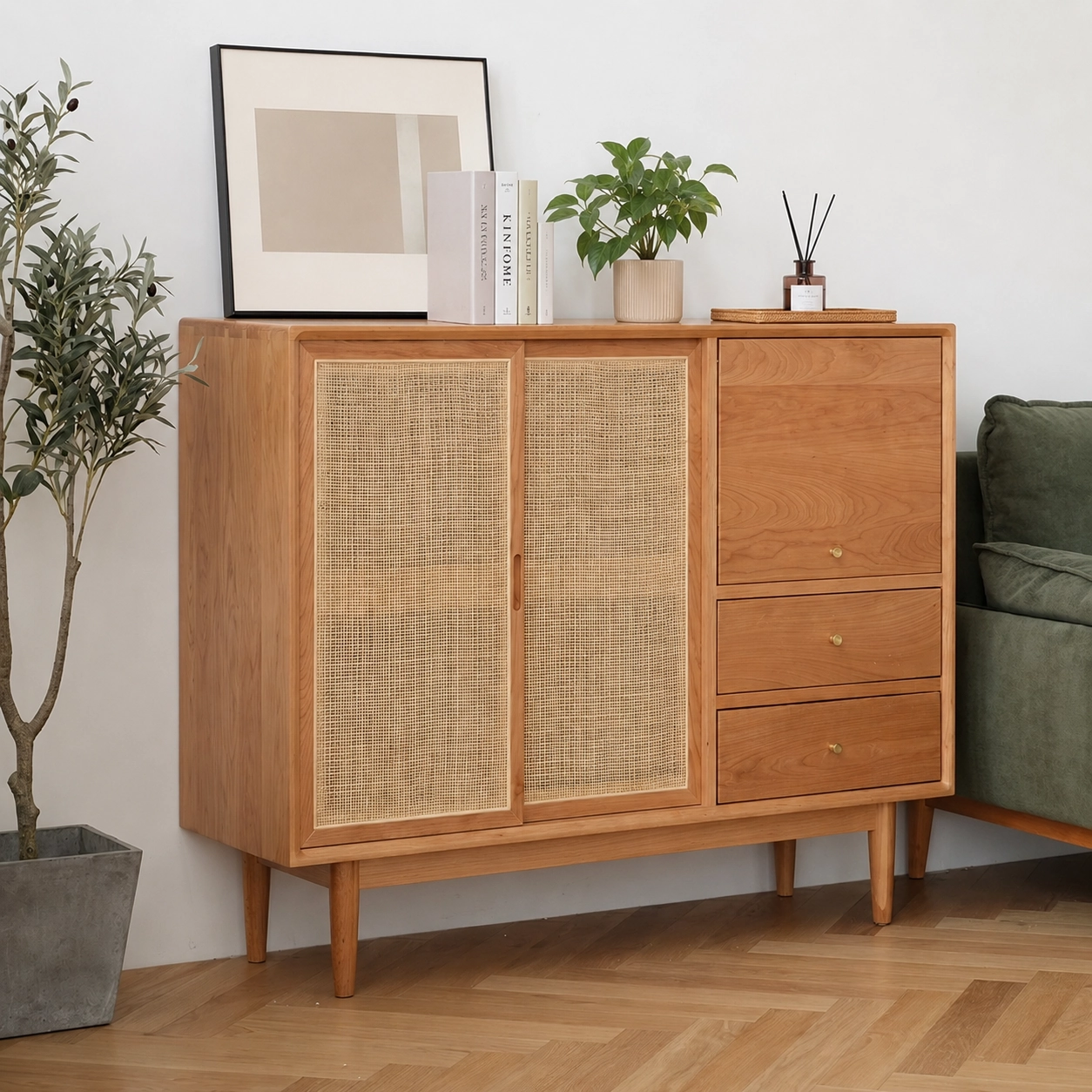 55.1" Mid-Century Modern Solid Wood and Plywood Sideboard with Storage