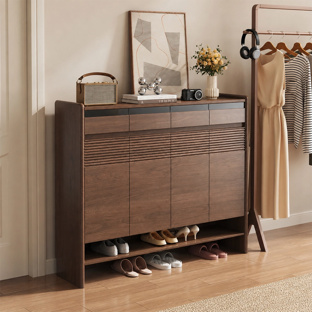 Walnut Narrow Entryway Shoe Cabinet