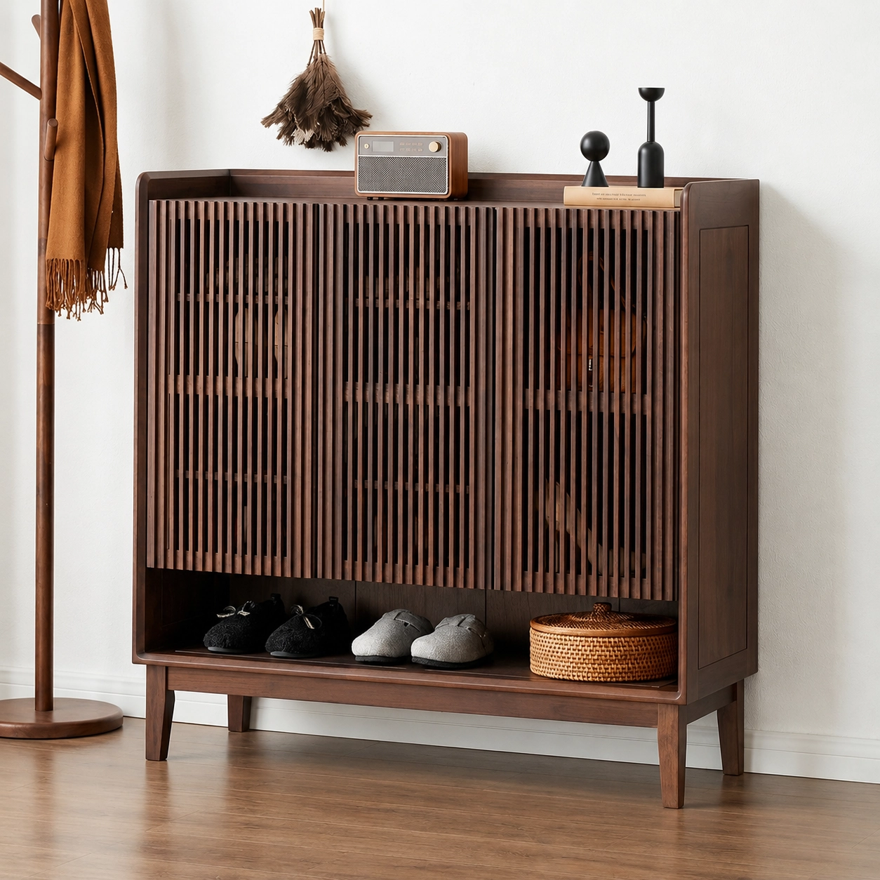 Black Walnut Slatted Shoe Cabinet