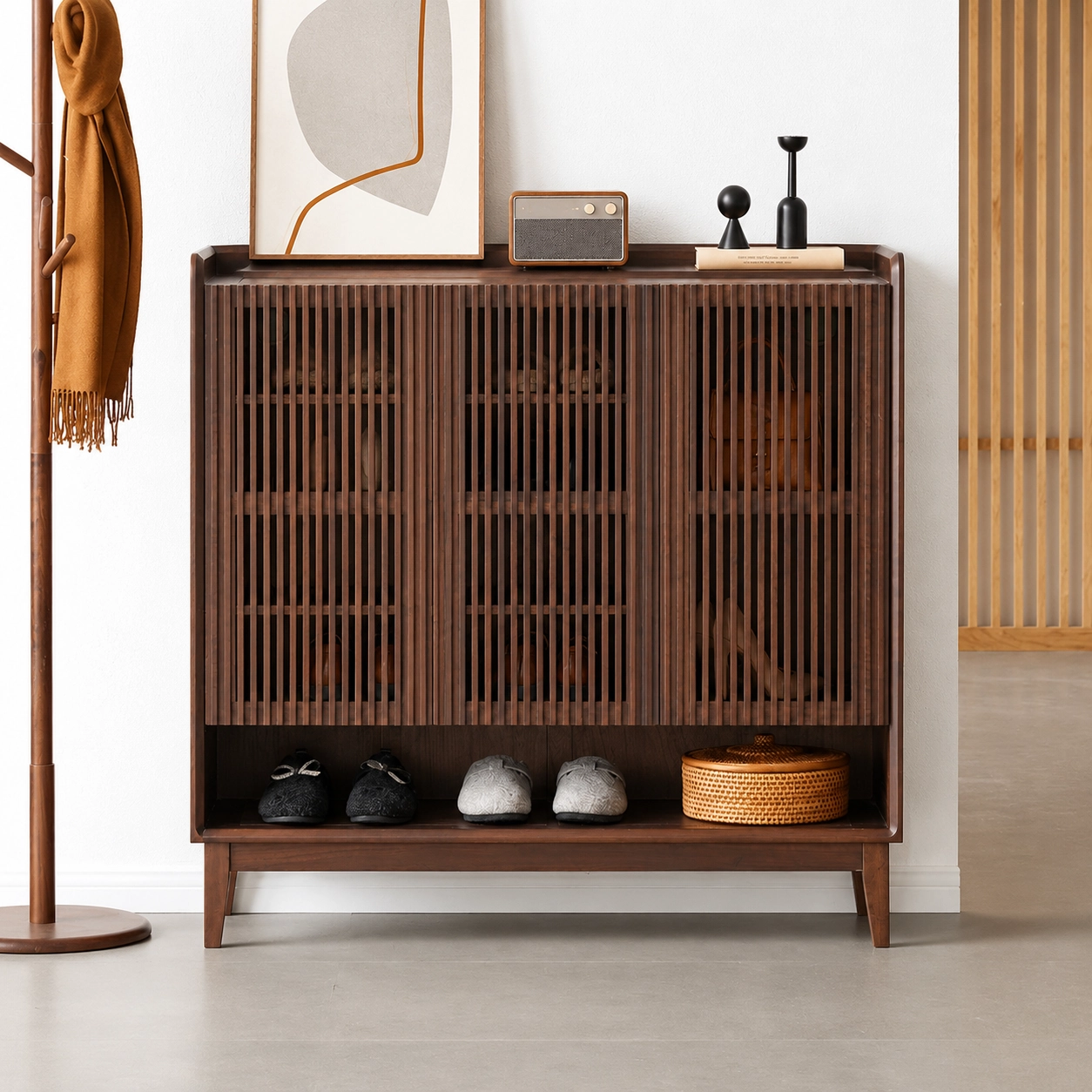 Black Walnut Slatted Shoe Cabinet