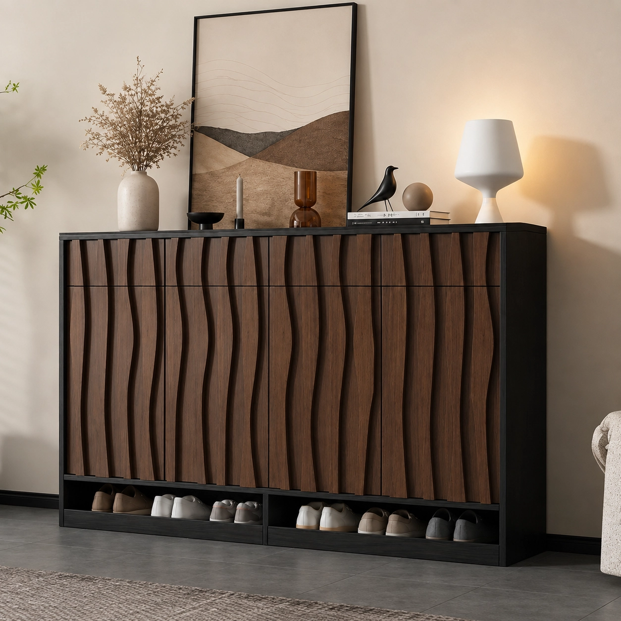 Solid Wood Shoe Cabinet with Wave Facade