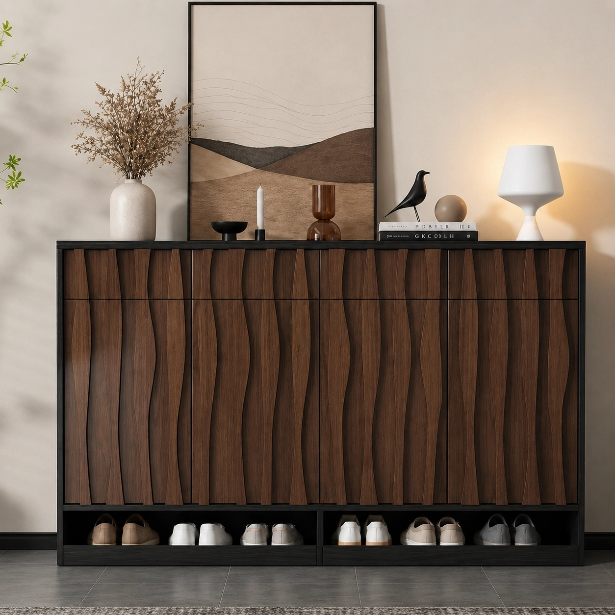 Solid Wood Shoe Cabinet with Wave Facade