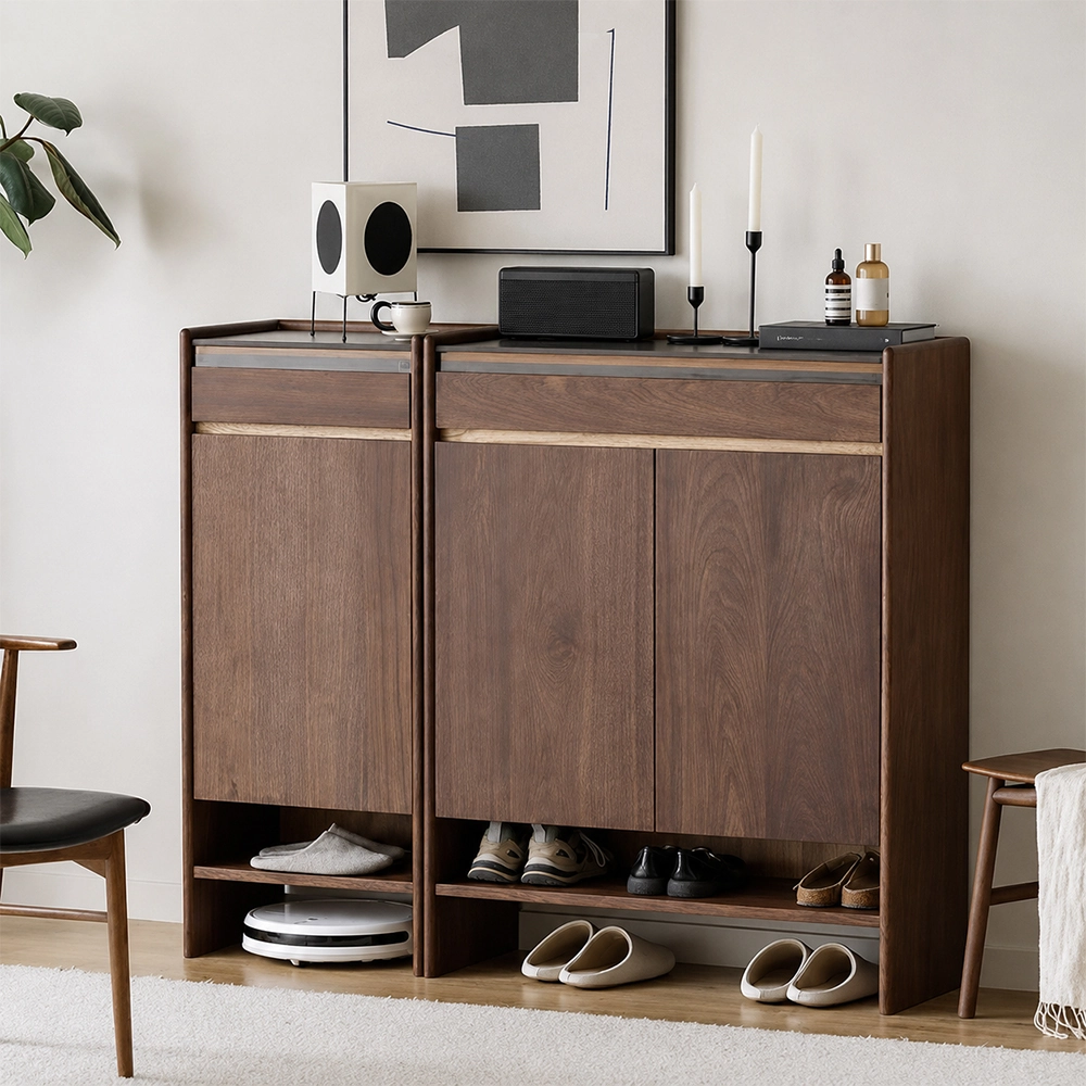19.7" Japandi Sintered Stone and Solid Wood Shoe Cabinet with Doors