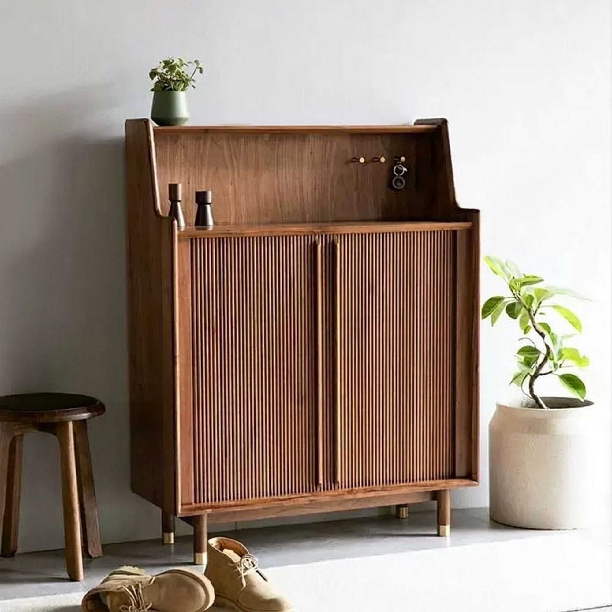 35.4" Japandi Solid Wood Shoe Cabinet with Doors