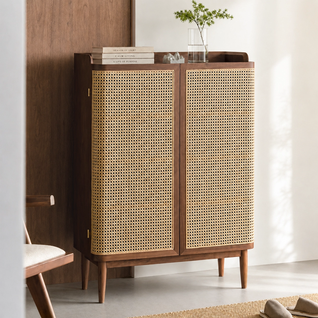 33.1" Japandi Solid Wood and Rattan Shoe Cabinet with Doors