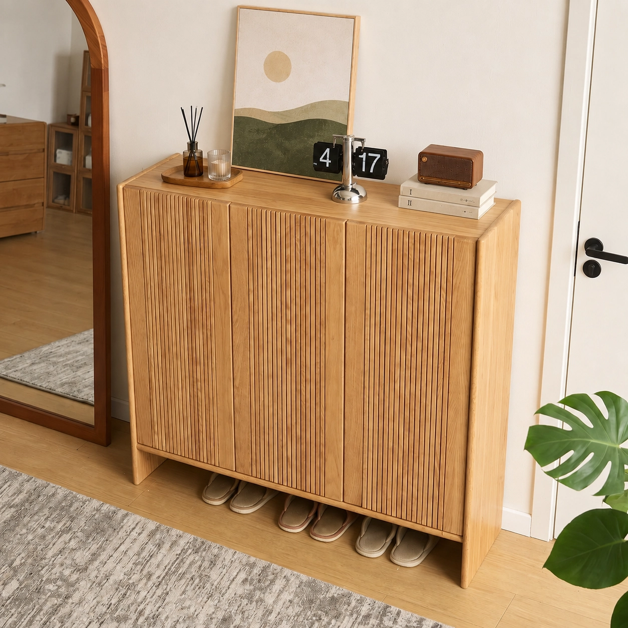 43.3" Japandi Solid Wood Shoe Cabinet with Doors