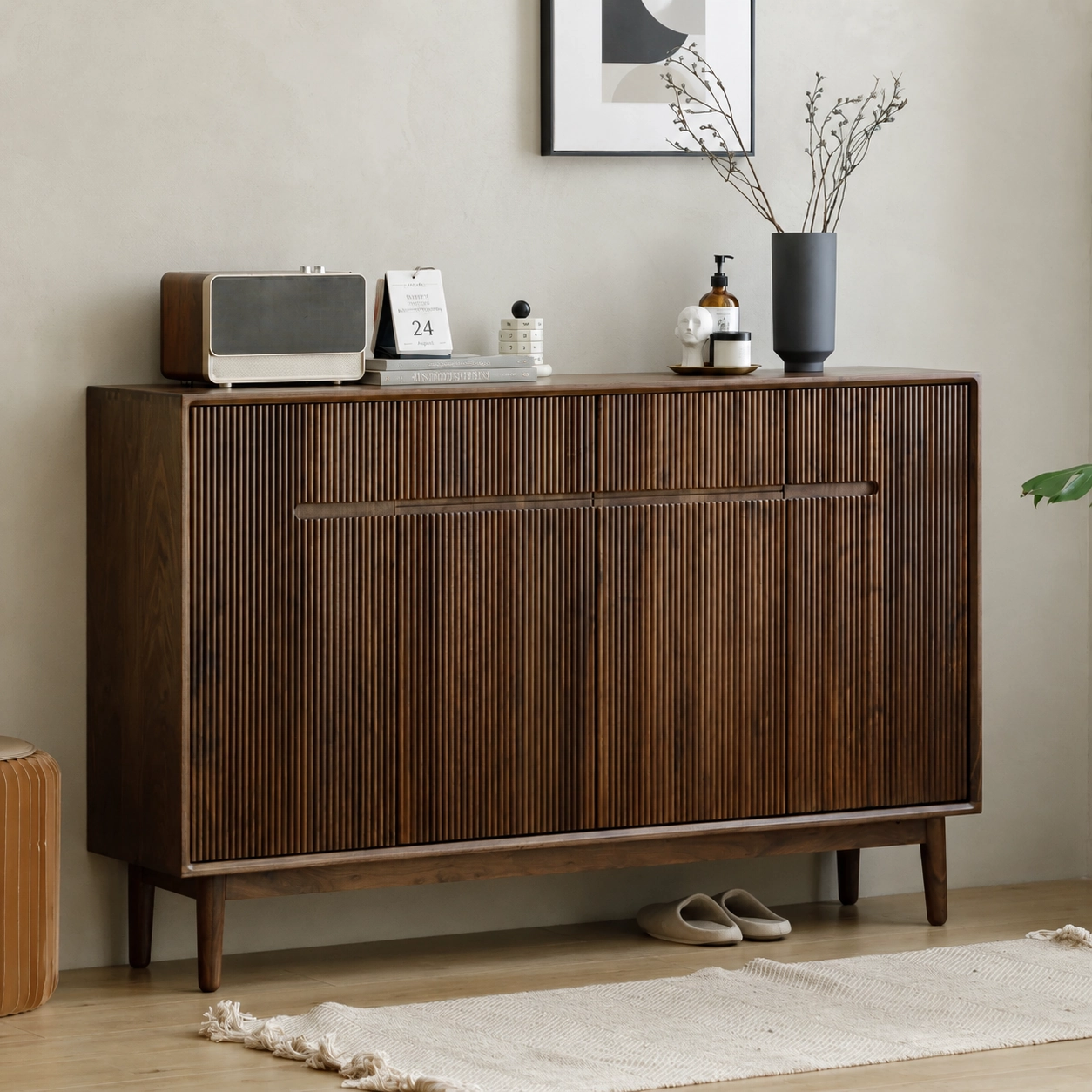 51.2" Japandi Solid Wood Shoe Cabinet with Flip Drawers