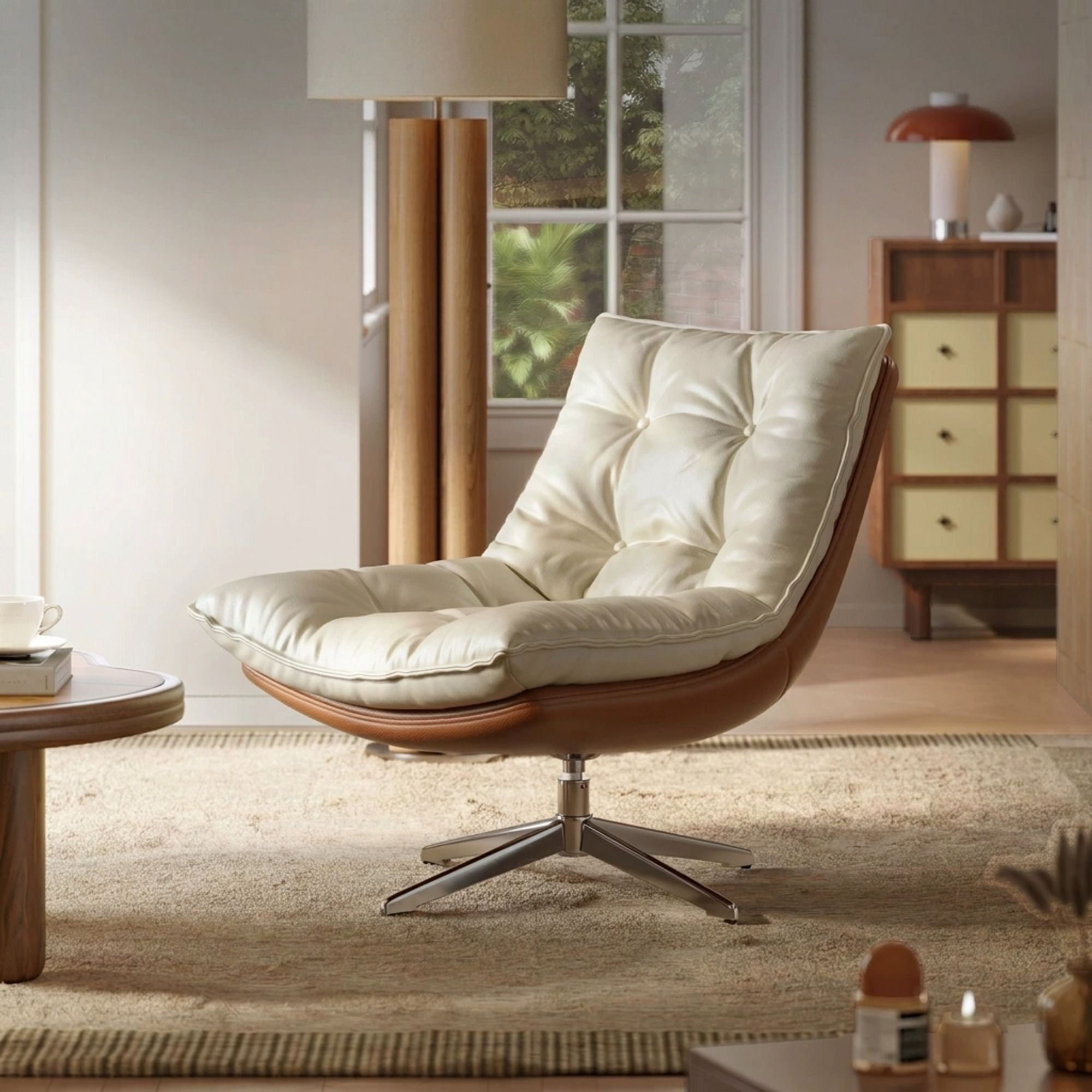 29.1" Mid‑Century Modern Swivel Leather Lounge Chair