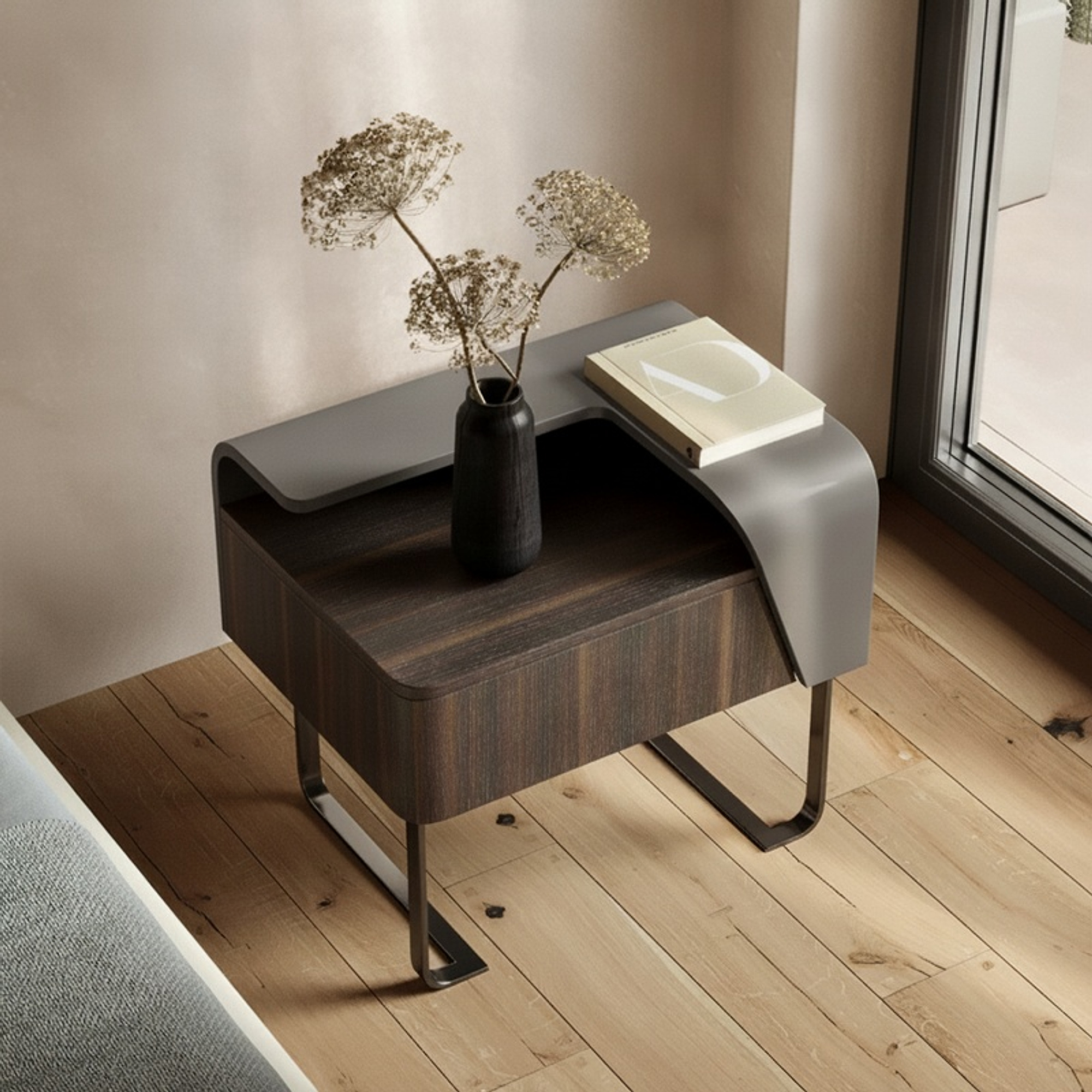 19.7" Contemporary Wood Veneer Nightstand Open Shelf