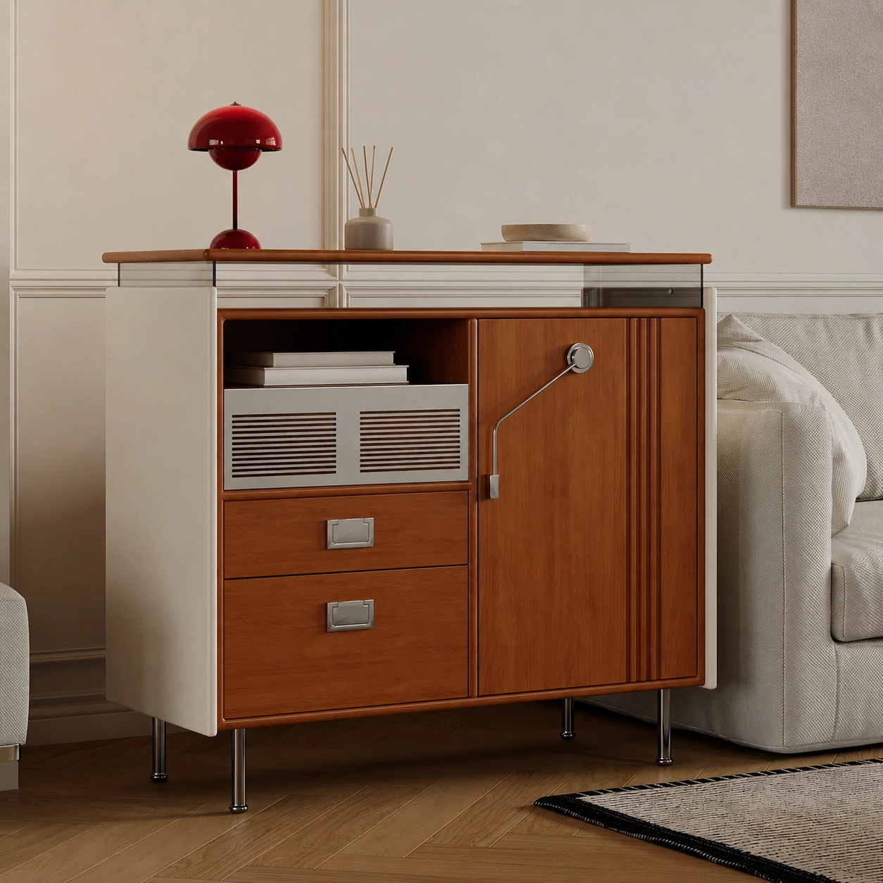 21.6" Mid-Century Modern Solid Wood and Stainless Steel Sideboard with Drawers
