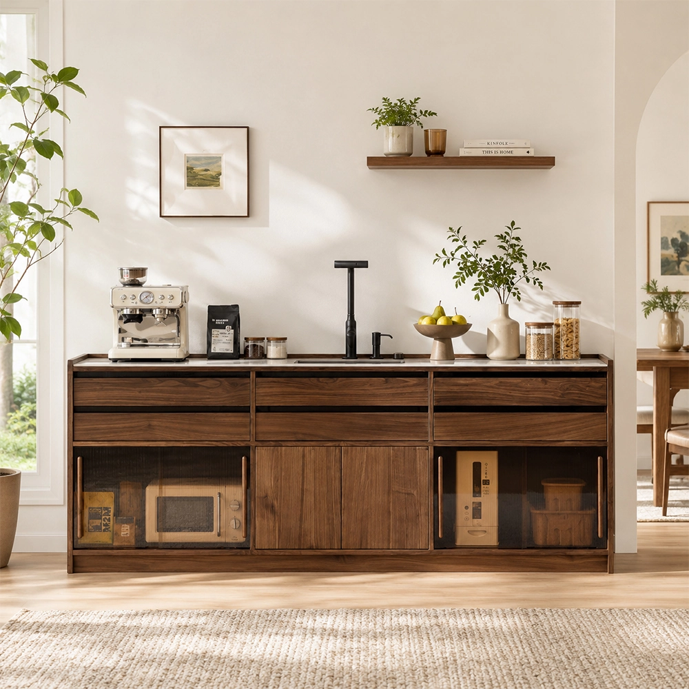 63" Japandi Solid wood and Sintered Stone Sideboard with Drawers