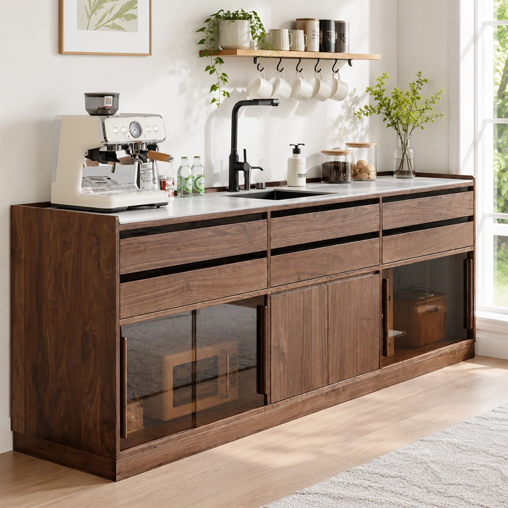 63" Japandi Solid wood and Sintered Stone Sideboard with Drawers