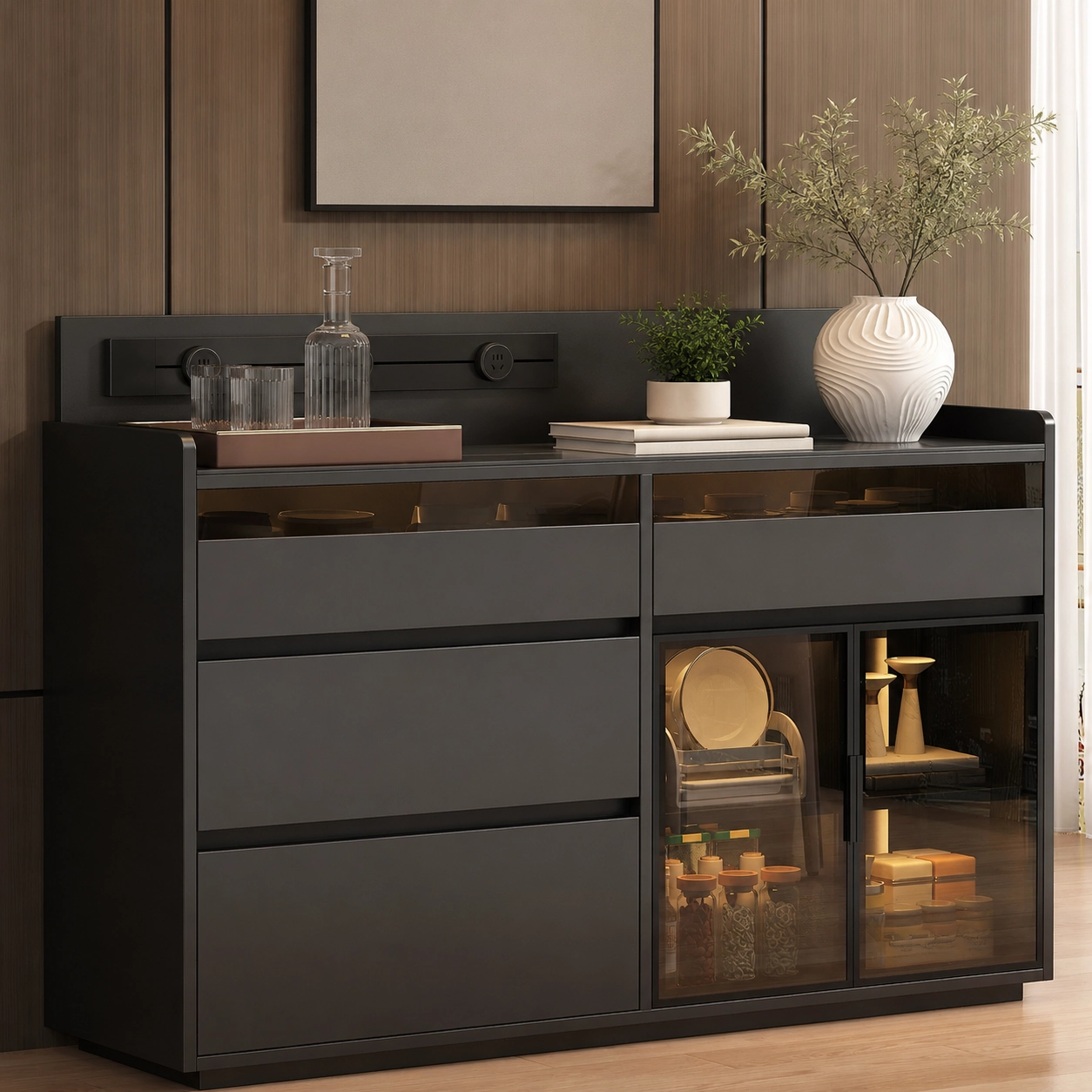 31.5" Modern Engineered Wood and Sintered Stone Sideboard with Drawers