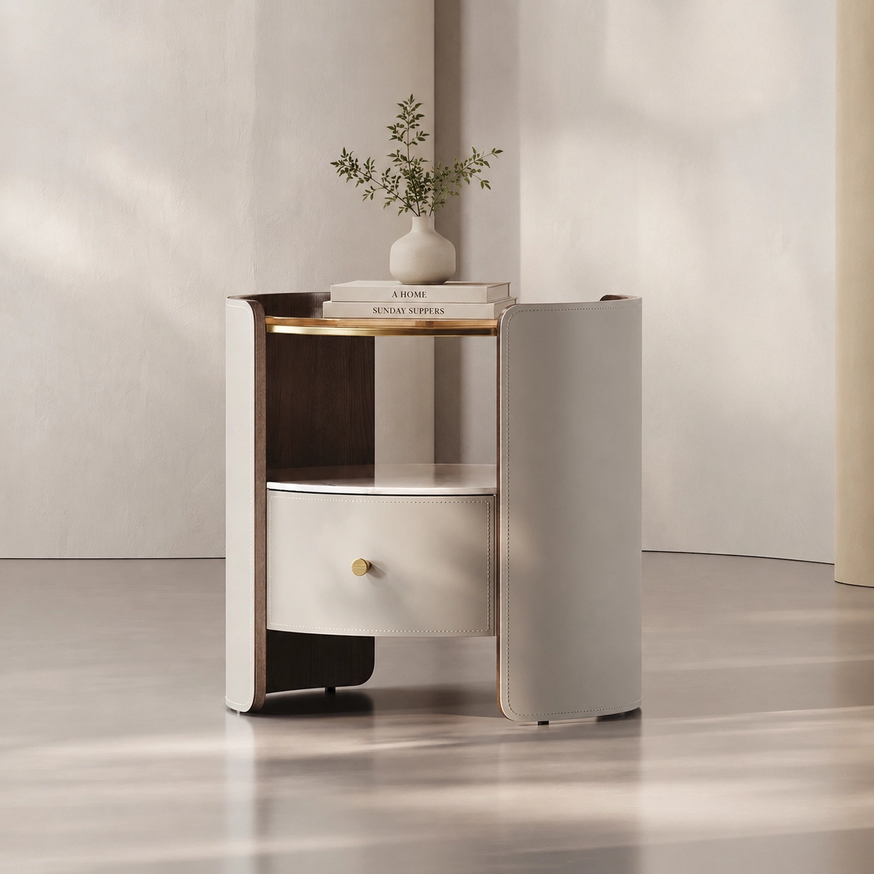 15.7" Luxury Plywood and Saddle Leather Nightstand Open Shelf