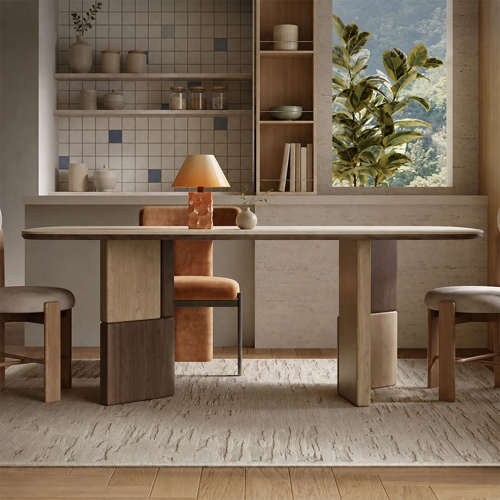 55.1" Organic Modern Sintered Stone and Oak Wood Veneer Rectangular Dining Table