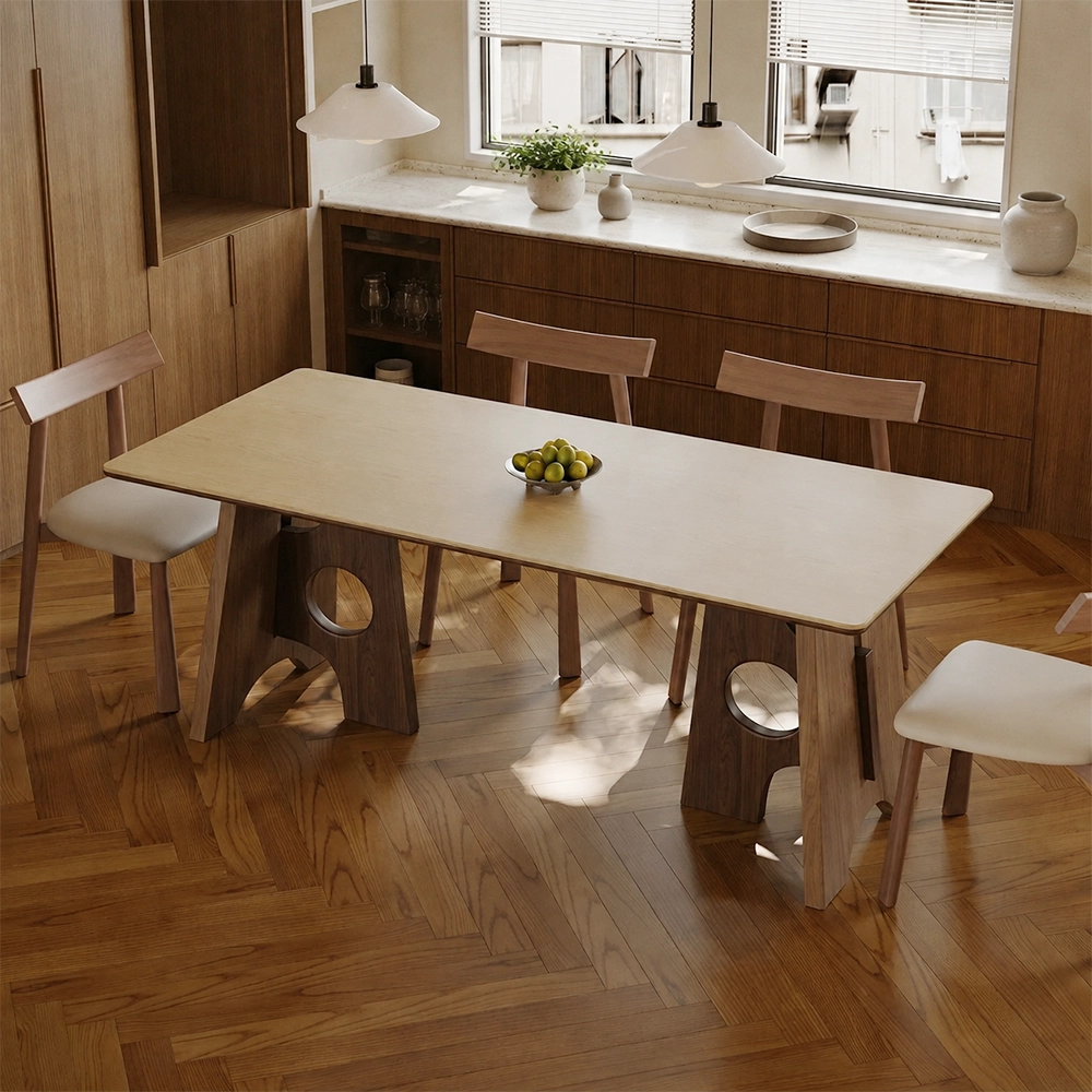 55.1" Japandi Sintered Stone and Ash Wood Veneer Rectangular Dining Table