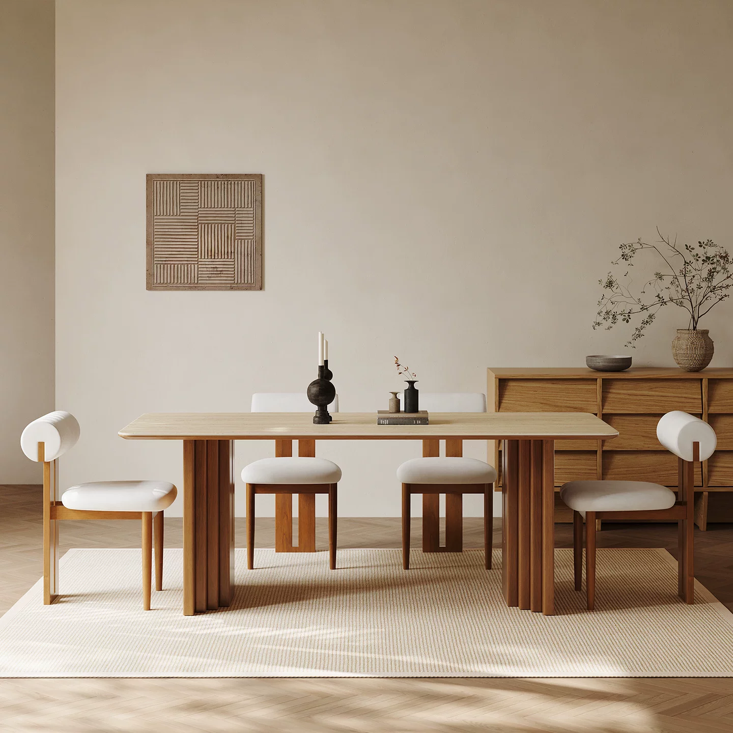 55.1" Organic Modern Sintered Stone and Ash Wood Rectangular Dining Table