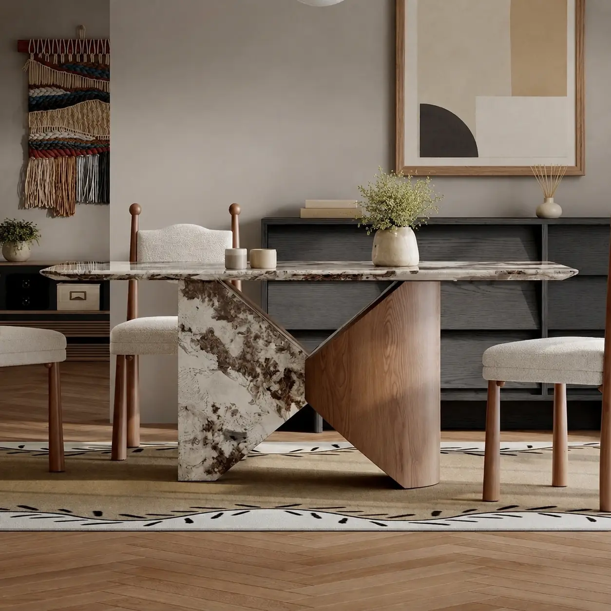63" Organic Modern Marble and Walnut Veneer Rectangular Dining Table