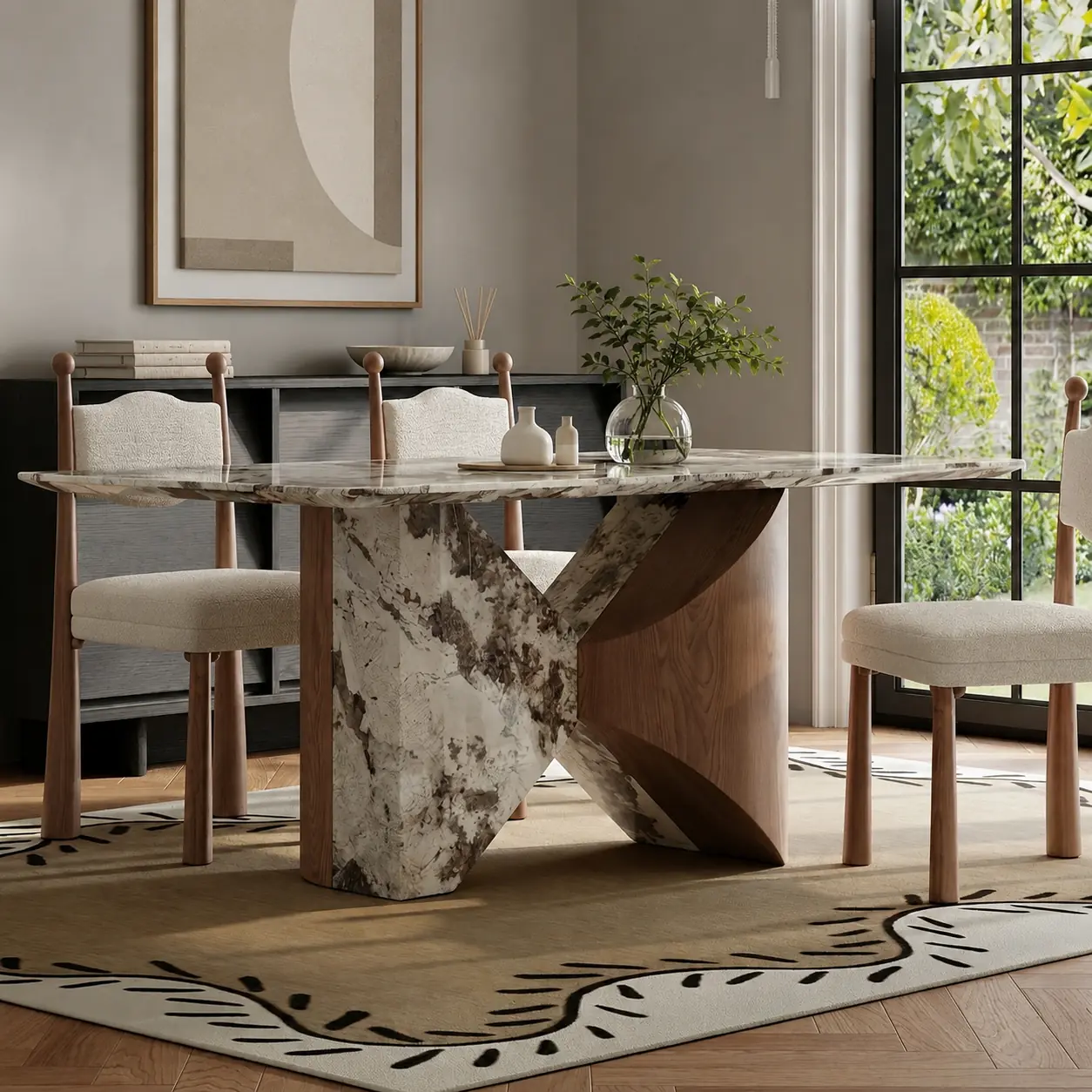 63" Organic Modern Marble and Walnut Veneer Rectangular Dining Table