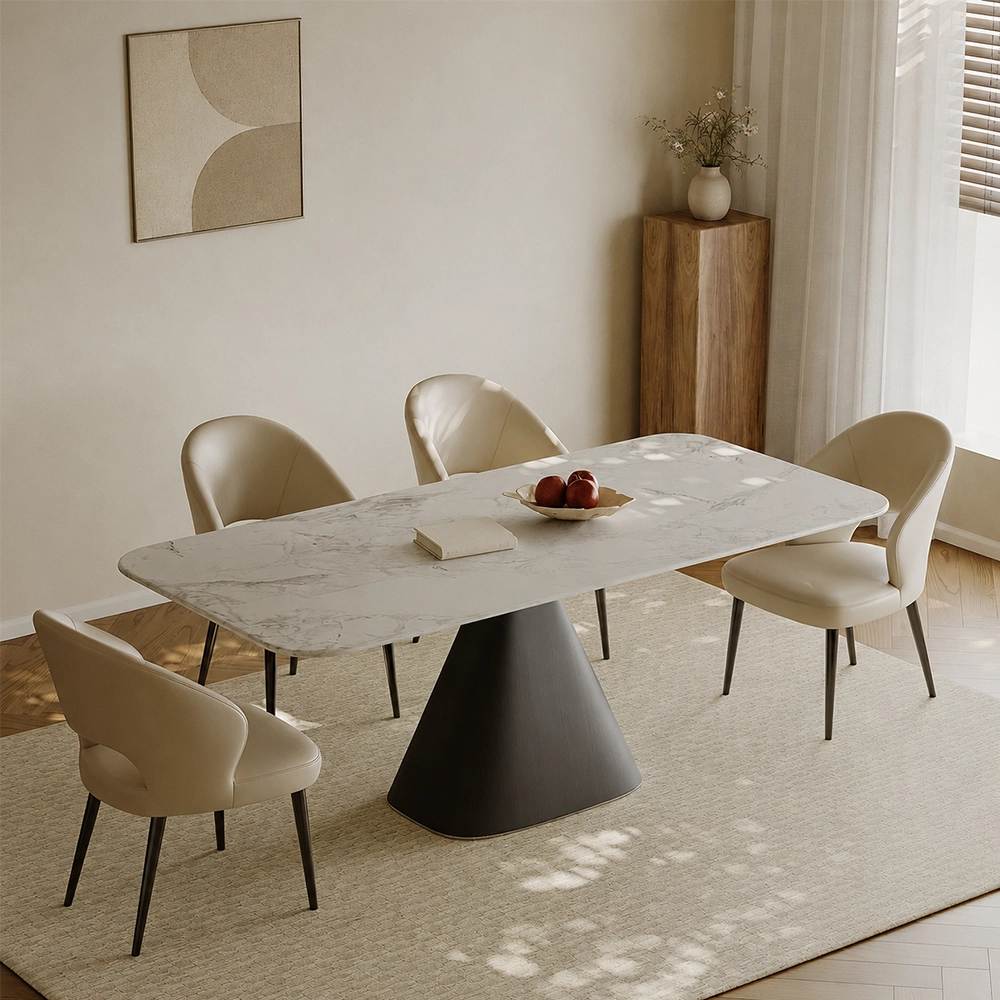 63" Contemporary Marble and Oak Wood Oval Dining Table