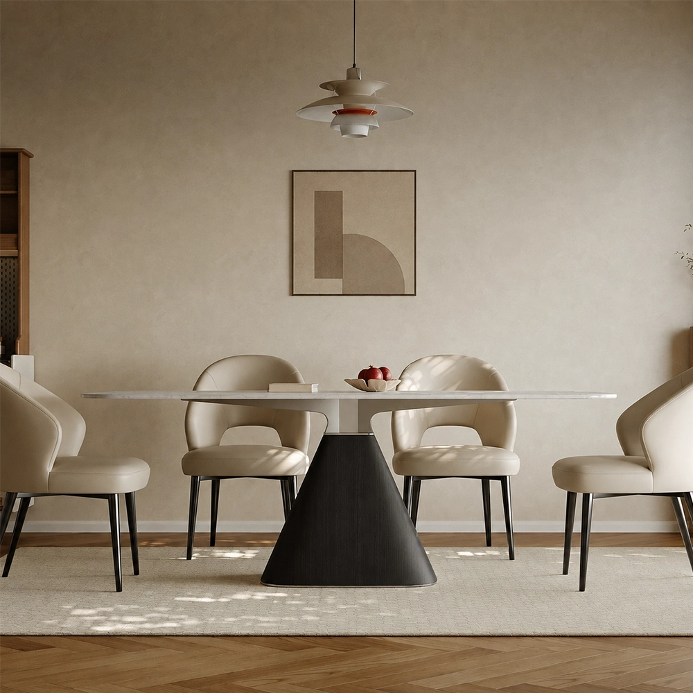 63" Contemporary Marble and Oak Wood Oval Dining Table